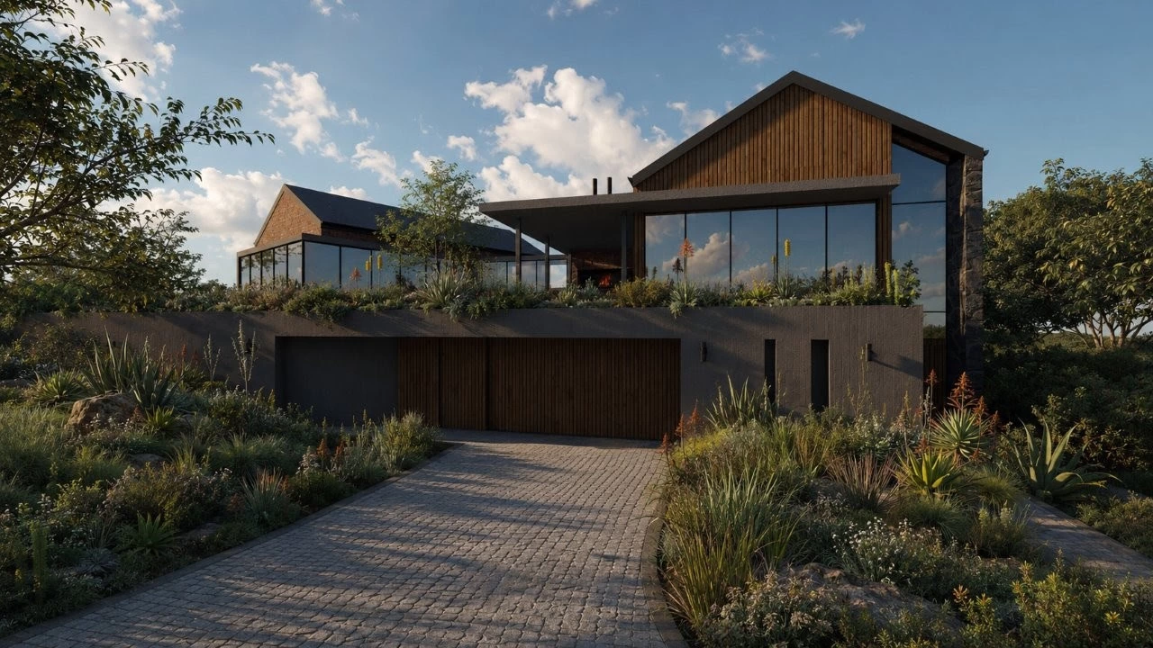Modern farm-style home at Restilridge Farm Estate with indigenous landscaping and cobblestone driveway